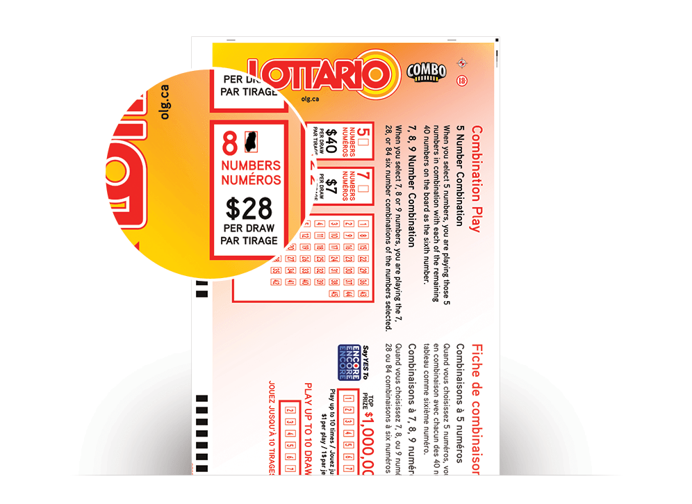 Close-up of LOTTARIO Selection Slip with 8-Number Combination Play selected